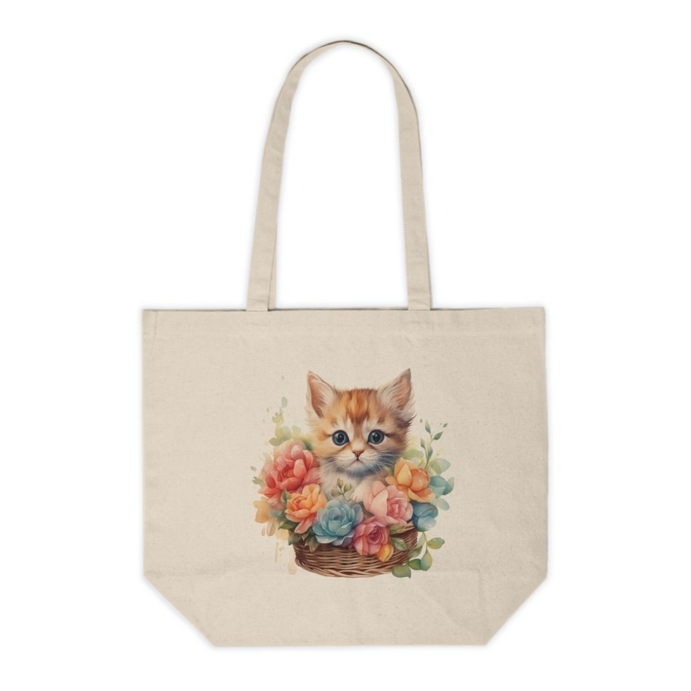 Floral Cat in a Basket Custom Canvas Tote Bag